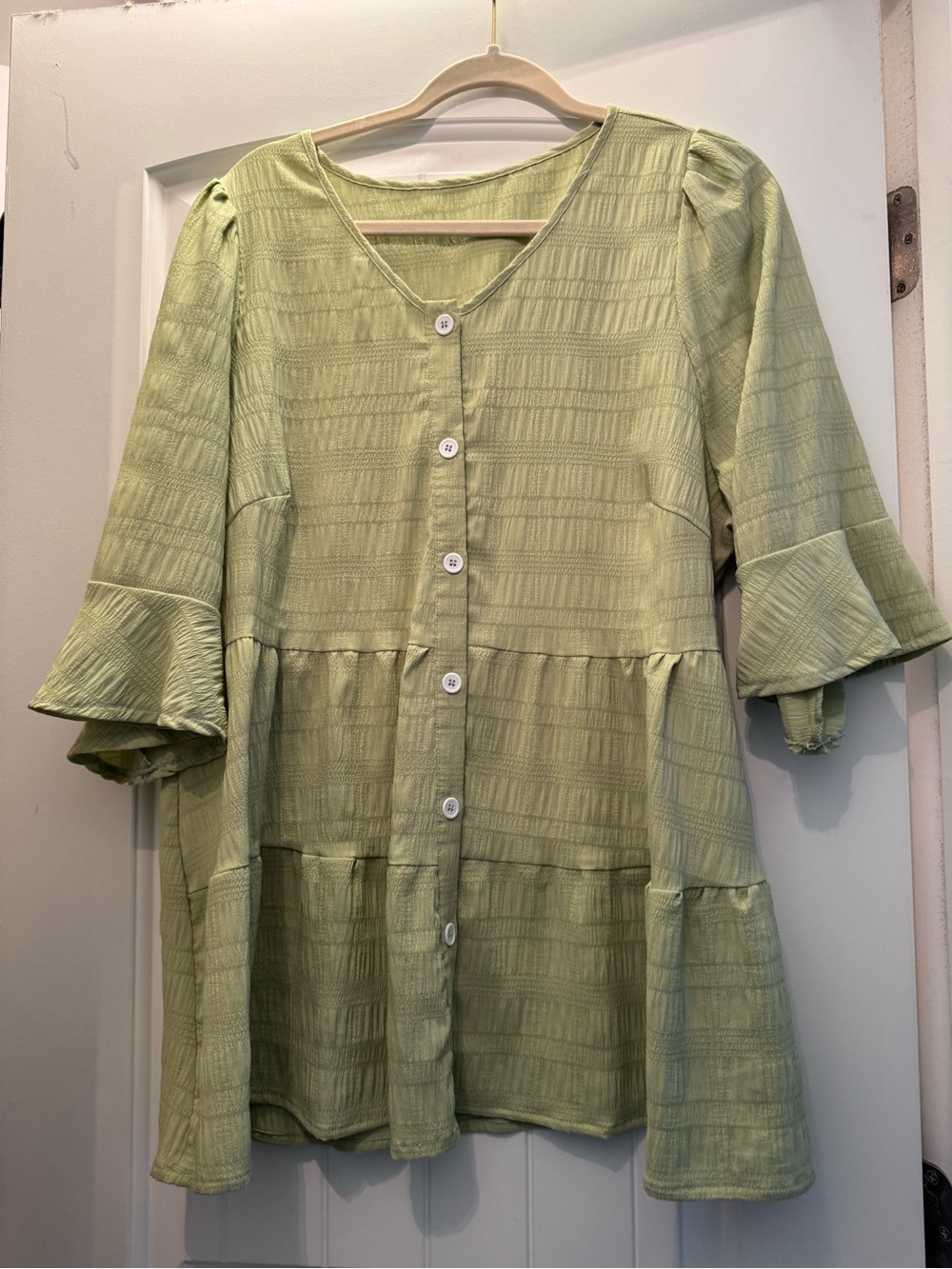 SHEIN Light Green Textured Button-Up Tiered Blouse